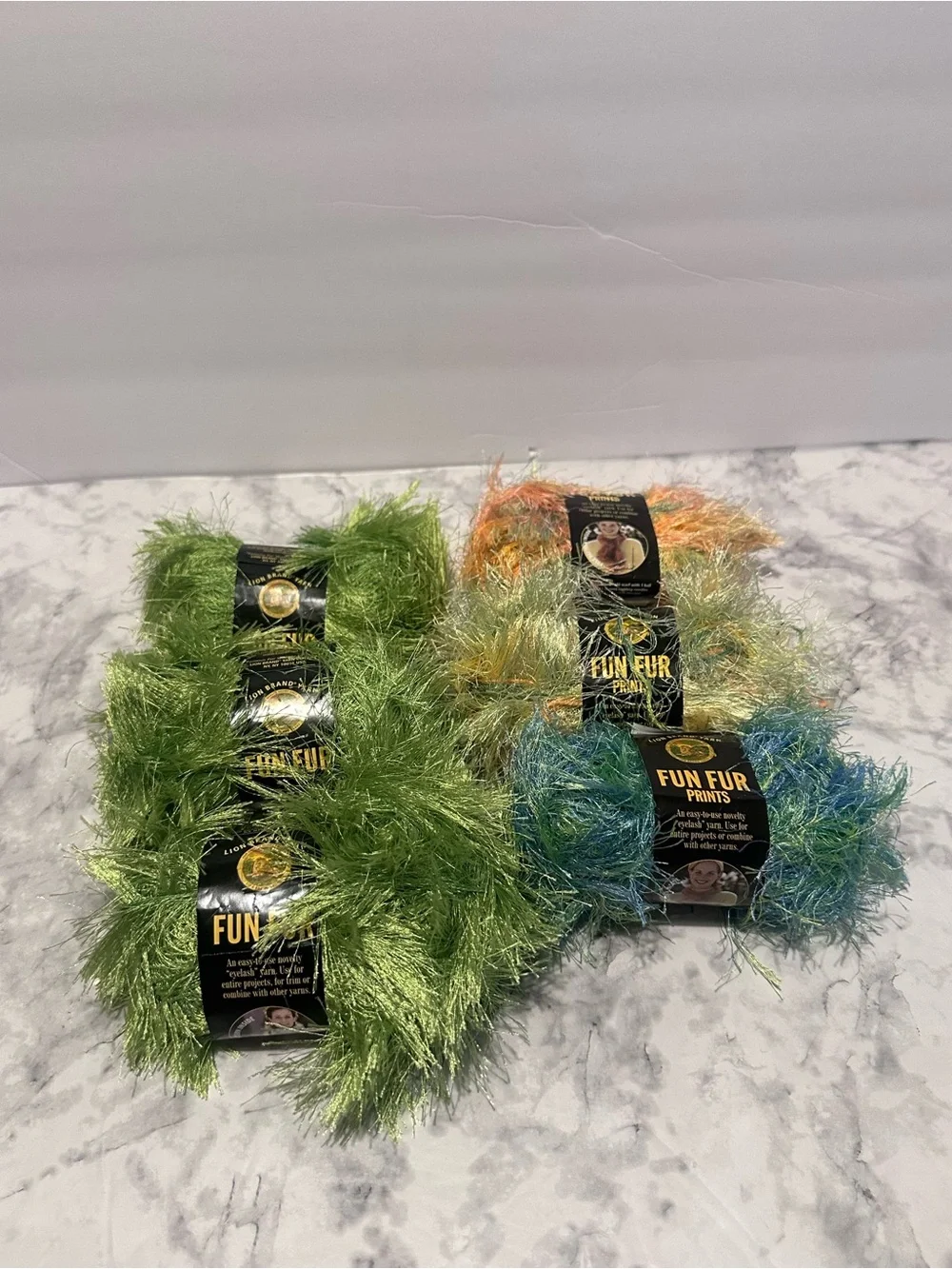 Lion Brand Fun Fur Prints Eyelash Yarn Lot 7 Skeins Green Blue Citrus